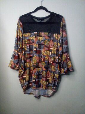 Alison Andrews Blouse Women 2X Half Bell Sleeve Lace Detail Pattern Brown Yellow